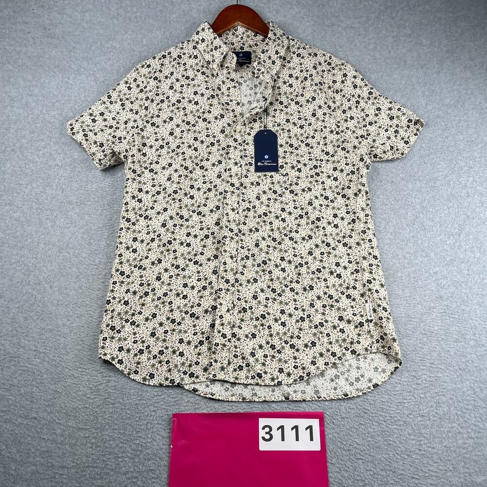 Ben Sherman Shirt Ivory Flower Print Button Up Short Sleeve Mens Medium NEW NWT